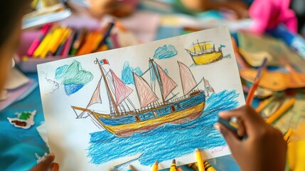 A child&rsquo;s drawing of Columbus's ships in a classroom setting, crayons and papers scattered, educational and cheerful vibe"