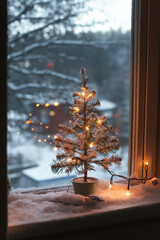 A small, decorated potted Christmas tree with bright white lights placed on a snowy windowsill, illuminating the cozy indoor space during winter months.