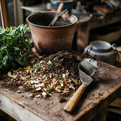 Gardening action planting herbs in rustic kitchen organic gardening content cozy environment close-up viewpoint health benefits