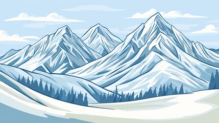 Illustration of snow-capped mountains with a serene landscape and trees in the foreground.