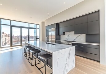 Fototapeta premium Modern Kitchen Design with Sleek Black Cabinets and Marble Island Bathed in Natural Light from Large Windows Offering Stunning Urban Views