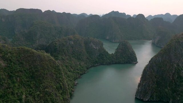 Vietnam 4K Drone aerial Halong Bay mountains Ha Long