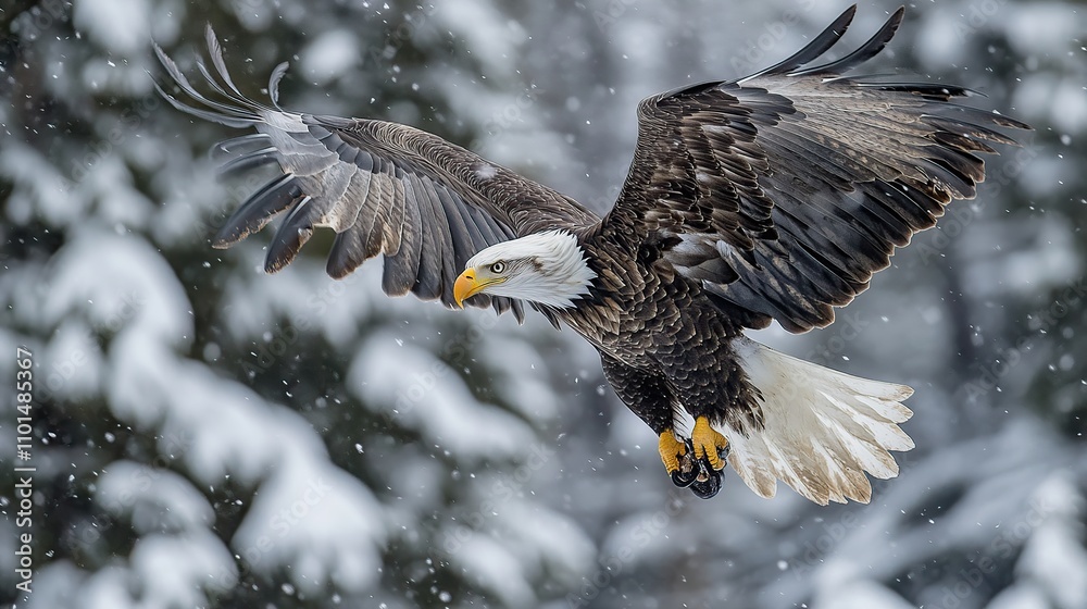 Sticker Majestic bald eagle in flight during a snowstorm.