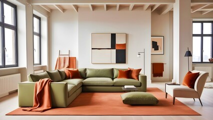 Fototapeta premium Contemporary Loft Interior with a Serene Green Sofa and Bold Orange Highlights