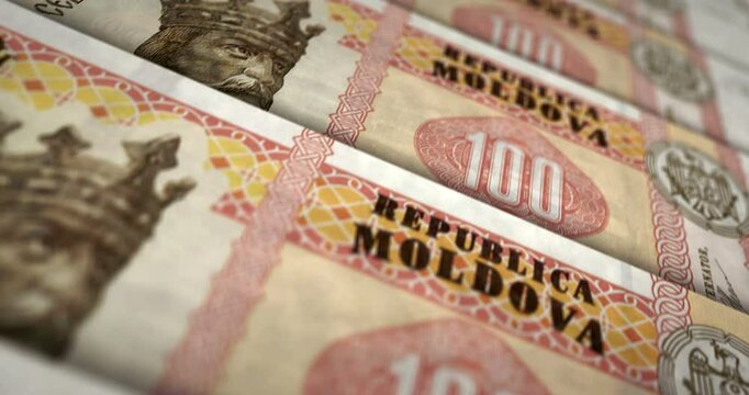 Moldova money Moldavian Lei banknote loop. 100 MDL money texture. Concept of economy, business, crisis, banking, recession, debt and finance. Moving over note loopable seamless 3d.