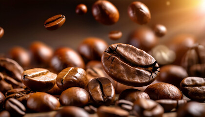 Fototapeta premium Coffee Beans Falling in Mid-Air with Roasted Brown Texture