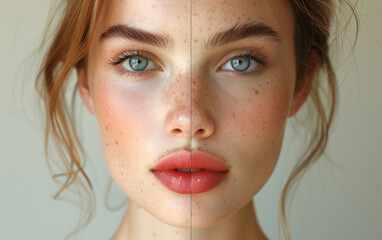 Freckled Face Before and After Cosmetic Care. Close-Up of Beauty Procedure Results. "Detailed Facial Comparison Pre and Post Treatment. A Side-by-Side View