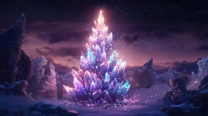 A Christmas tree made of glowing crystals in a fantasy world, Merry Christmas text overlay 