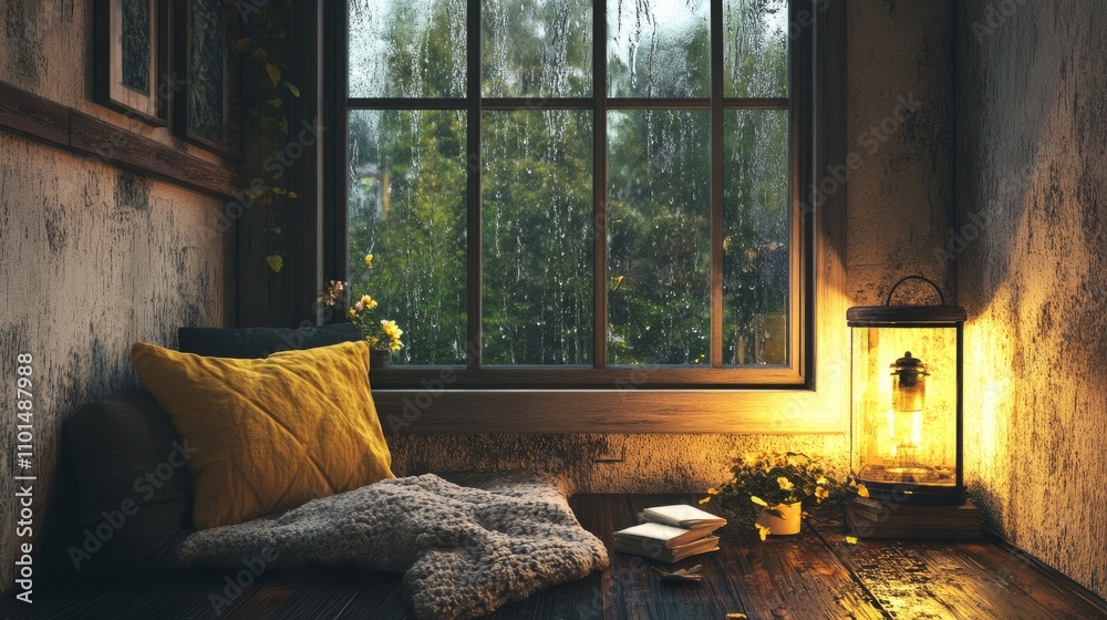 Wall mural A charming nook with a rain-streaked window, vintage lighting, and rustic tones, offering a warm, cozy space for relaxation.