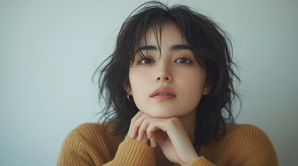 Portrait of a thoughtful young woman wearing a cozy sweater indoors