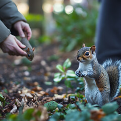 Obraz premium Feeding a friendly squirrel urban park wildlife interaction natural habitat close-up animal behavior
