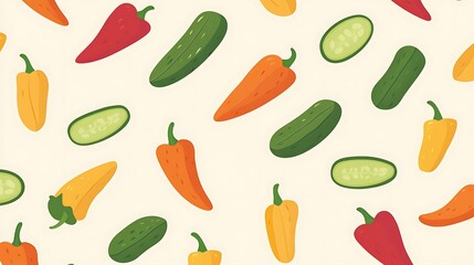 Colorful pattern of fresh vegetables featuring cucumbers, carrots, and bell peppers