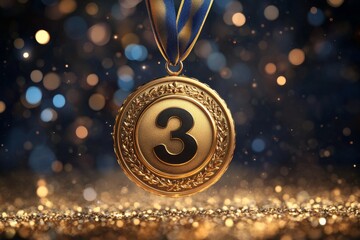 Medal on a ribbon for third place on a gold background with confetti. Medal for sports competitions. Copy space