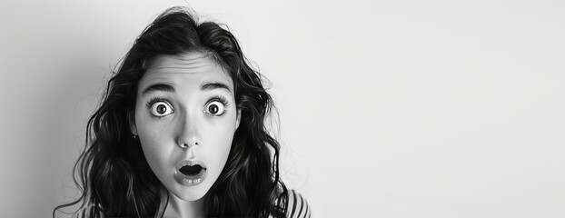 Young woman in shock and surprise with her mouth open on a background with free space