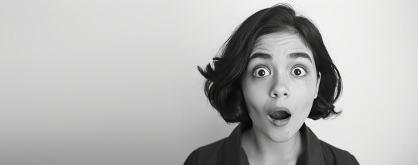 Young woman in shock and surprise with her mouth open on a background with free space