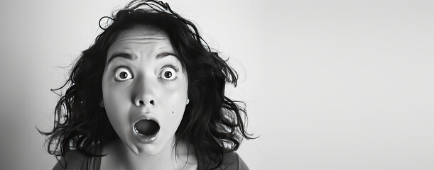 Young woman in shock and surprise with her mouth open on a background with free space