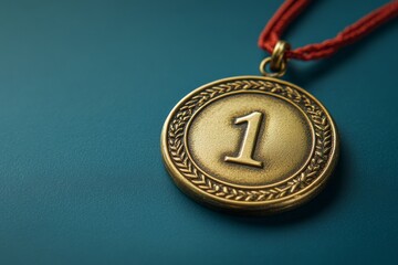 Medal on a ribbon for first place on a blue background. Medal for sports competitions. Copy space