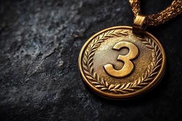 Medal on a ribbon for third place on a grey background. Medal for sports competitions. Copy space