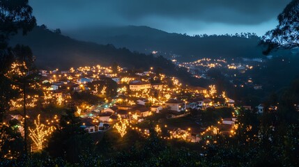 Fototapeta premium Hillside Village Illuminated With Festive Lights At Night