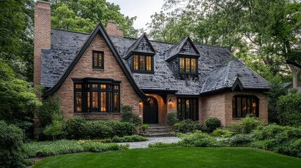 Obraz premium A newly built house with dormer windows emerging from a neatly shingled roof, surrounded by greenery and soft natural light