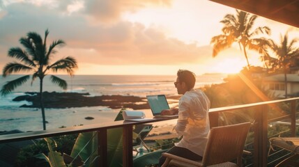 Fototapeta premium A serene image of a business professional working on a balcony overlooking a tranquil beach, with a laptop and a notebook on the table, The setting promotes a balance between work and relaxation