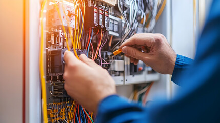 A technician is working on a control panel, managing various electrical connections and wires, showcasing the intricacies of industrial technology and maintenance.