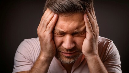 Fototapeta premium Person holding their head in discomfort, symbolizing illness, pain, and medical concern.