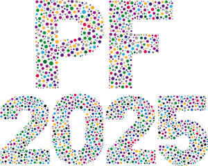 Inscription PF 2025 created from different colorful dots on white background