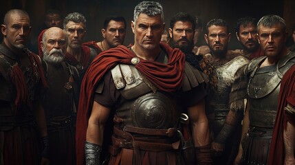 Fototapeta premium A group of men clad in full armor are standing in a straight line