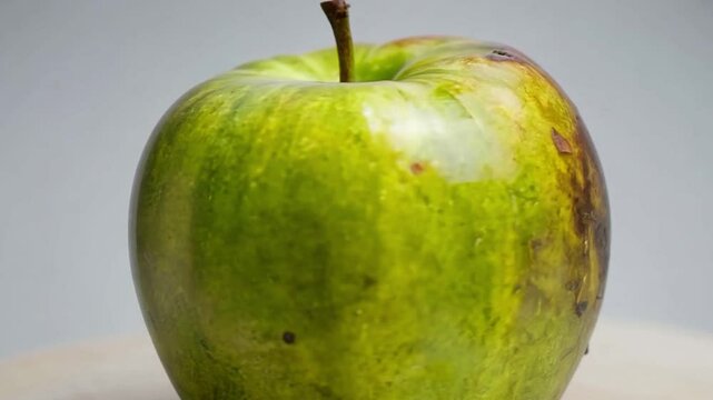 Zoom on a green apple that is rotten on one side.
