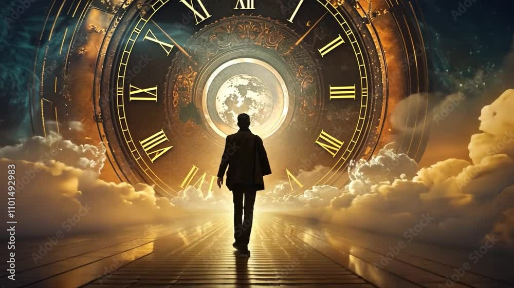 Poster a solitary figure strides confidently towards a grand clock illuminated by soft, golden light. ether