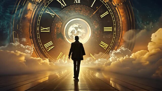 A solitary figure strides confidently towards a grand clock illuminated by soft, golden light. Ethereal clouds surround the clock, creating a mystical atmosphere at dusk.