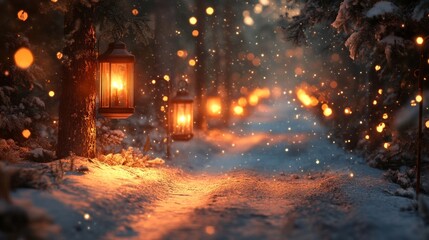 Fototapeta premium Enchanting snow-covered path in a winter forest illuminated by warm lanterns.