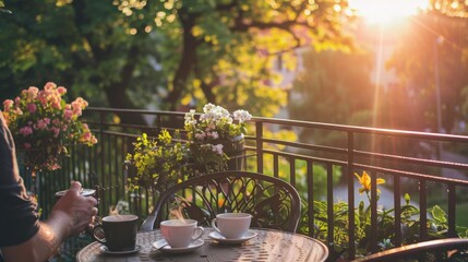 A serene photo of a business professional enjoying a morning coffee on a balcony overlooking a peaceful garden, symbolizing a balanced start to the day, The setting is calm and picturesque