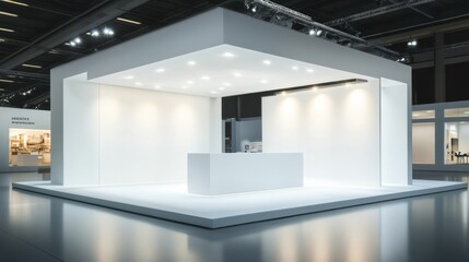 Blank white exhibition booth with overhead lights, clean background, ready for branding