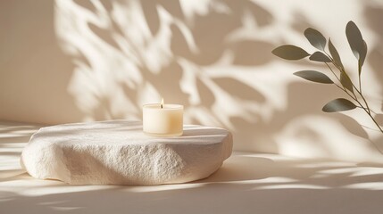 3D podium made of natural beige marble stone with candles and shadows from leaves on the street. Fresh light background for beauty products.