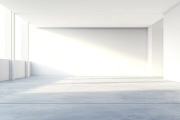 Fototapeta premium Empty white minimal architecture building with concrete floor. Wide open space ideal for mockups. Modern design interior. Spacious area. Light, airy. Future-oriented concept. Minimalist style.