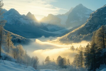 Obraz premium Breathtaking sunrise over frosty Italian Alps in winter morning