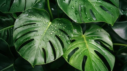 Fresh green monstera leaves with water droplets