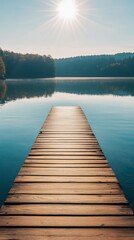 Serene Dock Extending Into Calm Lake at Sunrise