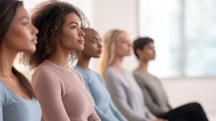 Obraz premium A confident woman with curly hair sits attentively in a group meeting setting, conveying focus and determination