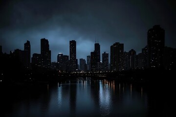 Fototapeta premium Moody cityscape with dark skyline and water reflection