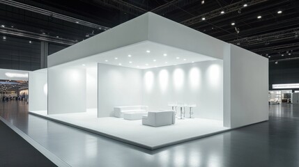 Clean, modern booth with blank white walls and floor space, ideal for event showcases