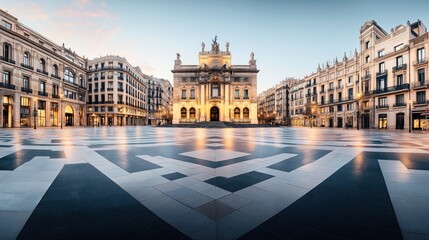 Fototapeta premium Wide-angle view of a grand plaza with symmetrical patterned paving and surrounding historic buildings, featuring a prominent illuminated classical-style facade at dusk.