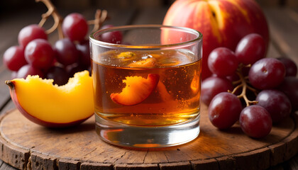 Refreshing drink with fresh fruit on wooden surface in rustic setting during afternoon