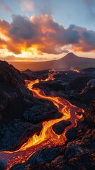 Fototapeta premium Aerial View of Volcano with Flowing Lava at Sunset