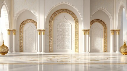 Fototapeta premium Elegant interior space featuring intricate arches and golden accents, ideal for showcasing cultural events, architecture, or interior design concepts