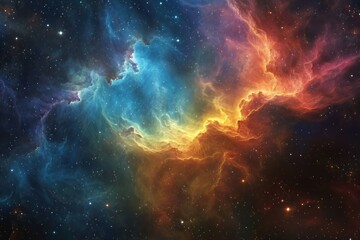 Obraz premium A vibrant cosmic nebula showcasing colorful gases and stars in a vast universe.