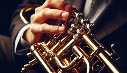 Fototapeta premium A close-up of a musician's hand pressing the valves of a shiny trumpet during a performance