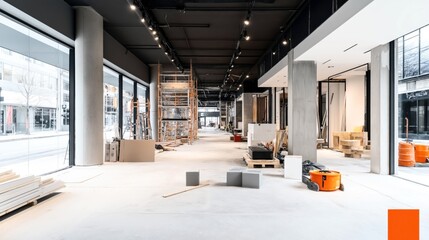 Interior view of a large commercial space under construction with scaffolding, construction materials, and tools scattered around the unfinished area.